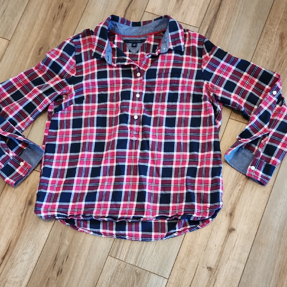Tommy Hilfiger Women's Plaid Blouse - Red and Navy Women's Size XL